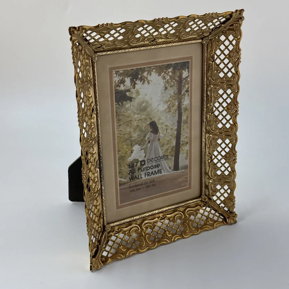 Vintage Picture Frame Gold Tone Filigree Whitewashed Enamel Decorel Co. 5x7